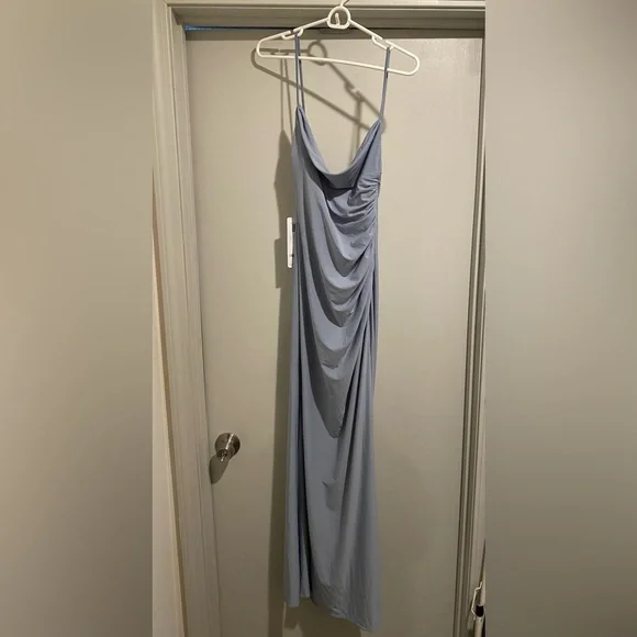 Azazie Sophisticated Gray Draped Midi Dress - Picture 7 of 16